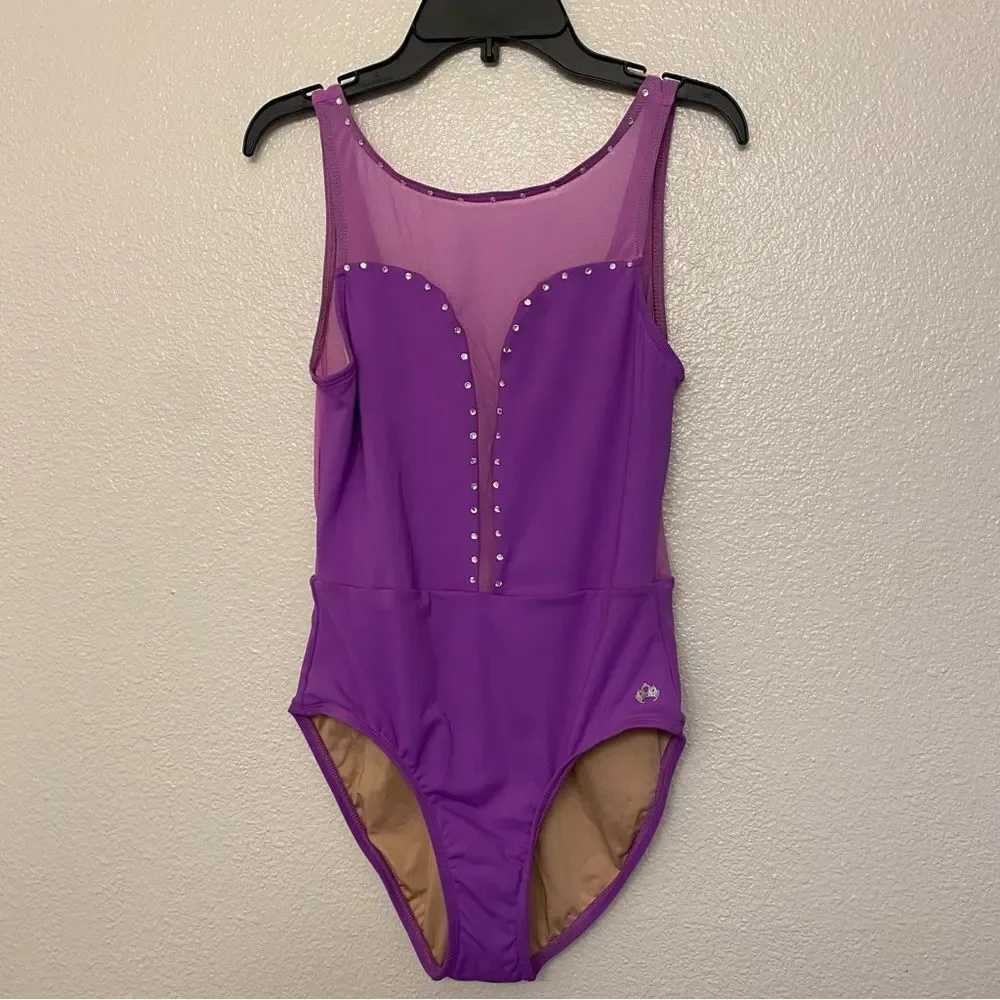 Mariia M2 Cutout Bodice Tank Leotard mesh, custom rhinestoned lavender purple MA